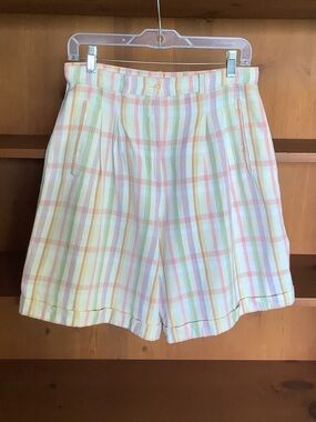 Vintage 90s Reitmans Linen Ramie Plaid Bermuda Shorts Pastel Preppy Size 11